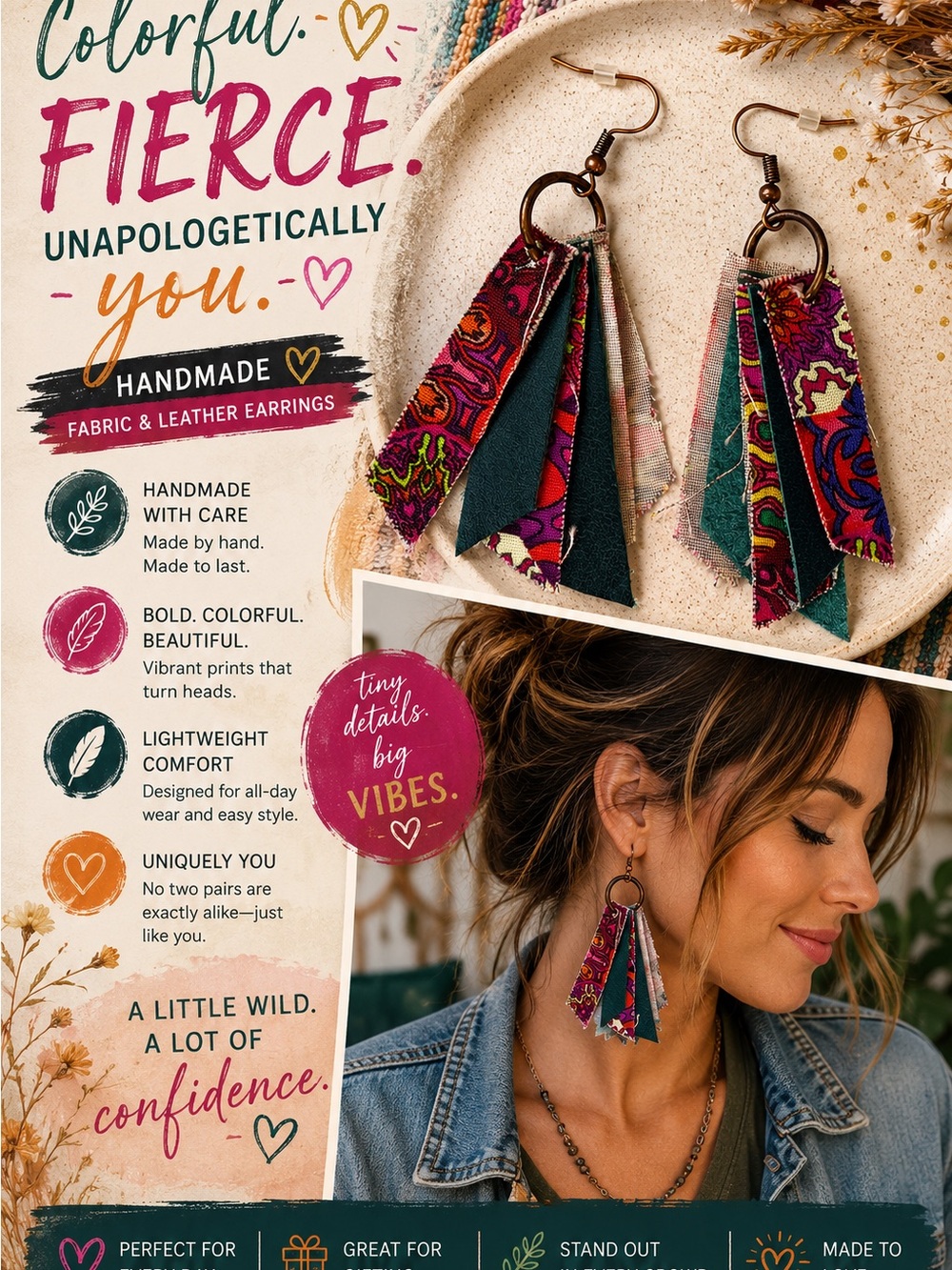 Colorful Fabric & Leather Fringe Earrings - Multicolor - Boho Jewelry - Handmade